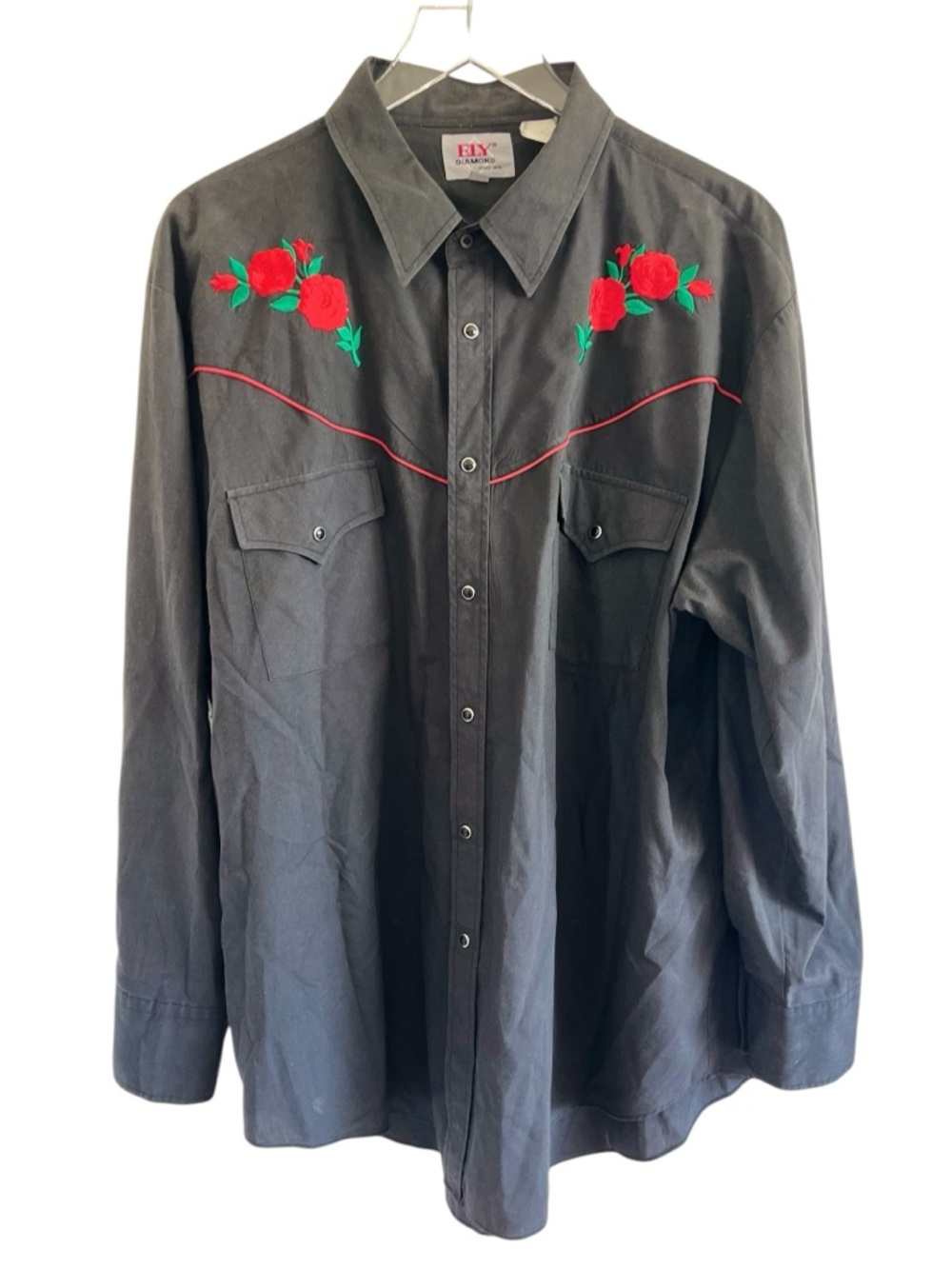 ELY Diamond  Embroidered Black Western Shirt with Red Rose Detail